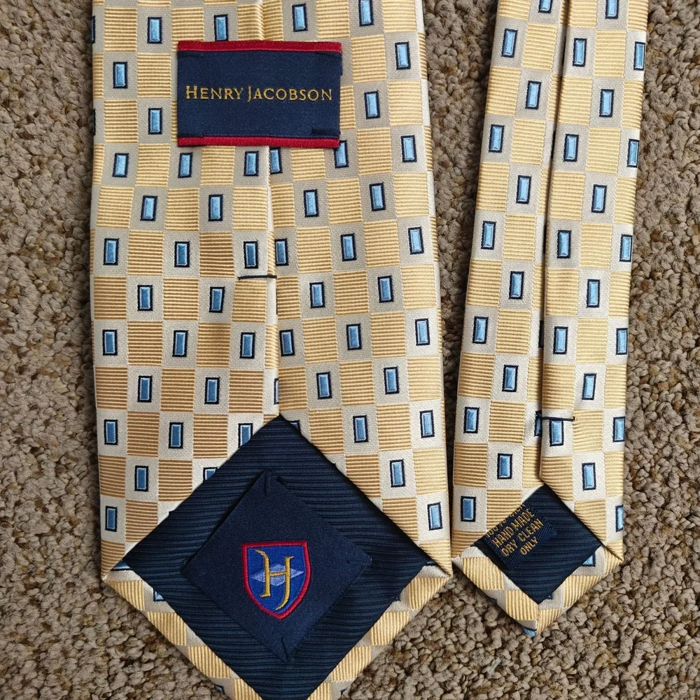 Henry Jacobson Necktie Mens 58 Inch Yellow Gold Woven Plaid Luxury Handmade Silk